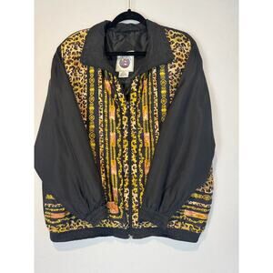 Vtg Womens Sz L Silk Bomber‎ Jacket Black Gold Chains Leopard Full Zip